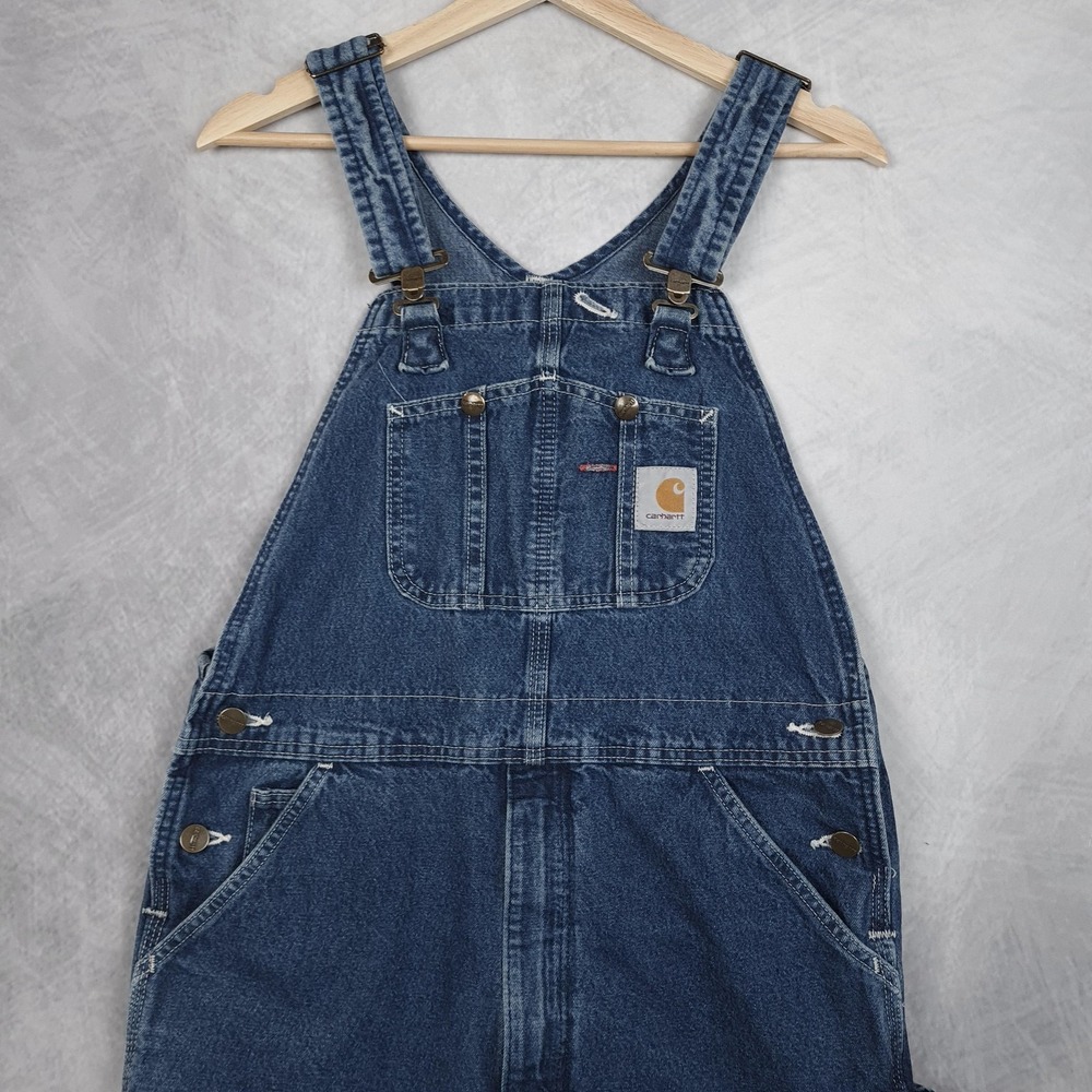 Carhartt Bib Overalls Mens 32 Blue Denim Workwear Hammer Loop R07 DSI - Picture 2 of 14